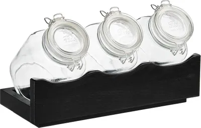 Produktbild von APS 14965 Buffet-Ständer GOOD MORNING, 43 x 17 cm, Höhe 13,5 cm, Buche, massiv, Farbton Wenige, 4-teiliges Set: 1 Holzständer und 3 Gläser