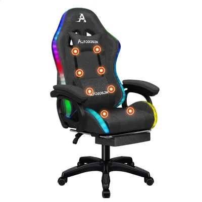 Produktbild von ALFORDSON Gaming-Stuhl mit LED, Gaming Sessel mit 8-Punkt-Massage, Ergonomischer Gamer Stuhl mit RGB Beleuchtung, Drehstuhl mit Lordosenstütze, Grau
