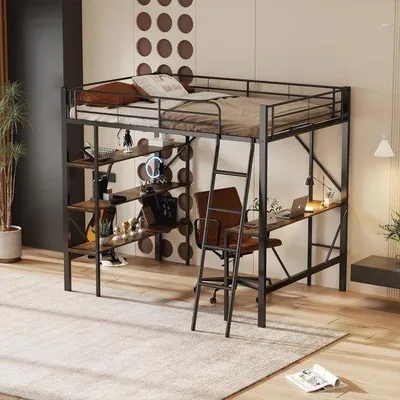 Productafbeelding van Metalen Hoogslaper met Bureau en Planken - 90 x 200 cm - Zwart