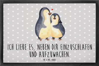 Produktbild von Mr. & Mrs. Panda Eingangsteppich Pinguine Einschlafen 60 x 90 cm - Grau Pastell - Geschenk, für Freundin, Bodenvorleger, Frauen, Schmutzmatte, Gummimatte, fußmatte
