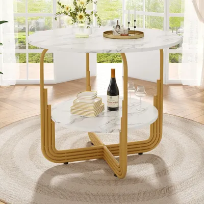 Produktbild von STILVORA 80×80×76cm runder Doppelstöckiger Küchentisch mit MDF-Marmor-Tischplatte,Beistelltisch für Esszimmer, Wohnzimmer