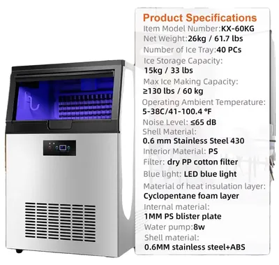 Immagine prodotto di Macchina per la produzione di ghiaccio, alta capacità, funzionamento efficiente, 60 kg