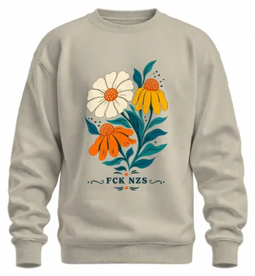 Productafbeelding van Vintage sweatshirt met opdruk van een zonnebloem, margriet en wilde bloemen, met een sarcastische boodschap. Kleur: natuur. Maat: M