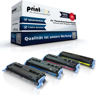 A box of toner cartridges with four toner cartridges displayed in front of it.