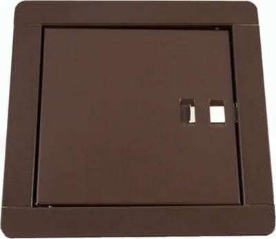 A brown metal cleaning door for a chimney.