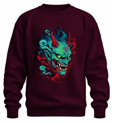 Productafbeelding van Japanse demonenmasker, Oni, Hannya, duivel, Japan, Y2K, Yokai, sweatshirt, trui, bordeauxrood, XXL