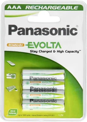 A retail package of Panasonic AAA rechargeable batteries.