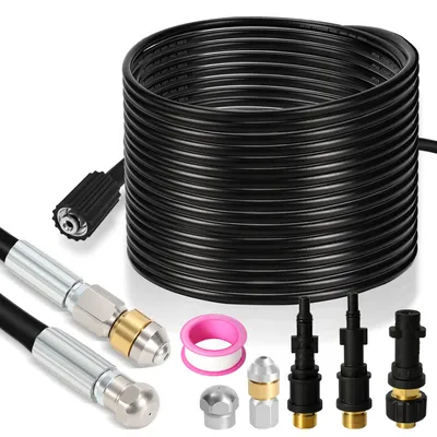 Produktbild von Clanmacy Rohrreinigungsschlauch Set 20M, mit Düsen starr + rotierend, 3 Adapter, für handelsübliche Hochdruckreiniger, universelles Rohrreinigungs Set