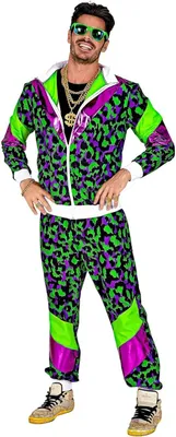 A man wearing a colorful tracksuit and gold chains.