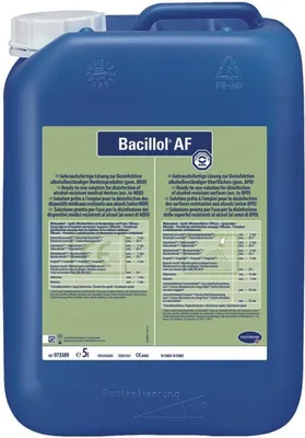 A large blue plastic container of disinfectant with a green label.