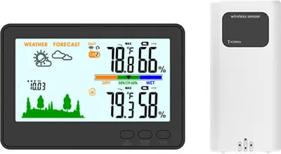Produktbild von Thermometer-Hygrometer fuer drinnen und draussen, 433 MHz, kabellose Wetterstation, Temperatur- und Feuchtigkeitsmonitor mit LCD-Hintergrundbeleuchtung und 100 m Fernsender, Anzeige des Luftdrucks, Warnung bei niedrigem Batteriestand