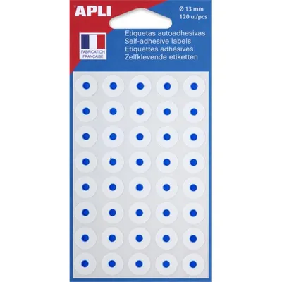A package of self-adhesive labels with blue dots on a white background.