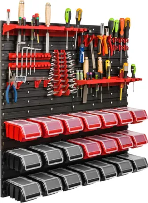 Obrázok produktu pre Skladovací systém dielenský regál | 78 x 78 cm | 21 ks. Box | Nástenný regál s držiakmi na náradie a stohovateľnými boxmi - Nástenné dosky Extra silný regál s otvormi na náradie Skladový regál Garážový regál