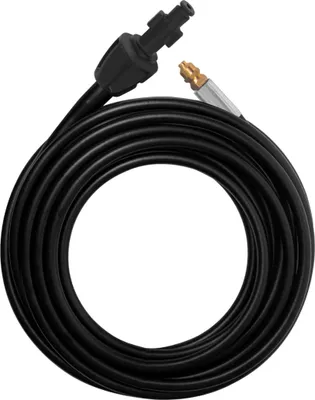 A coiled black hose with connectors on either end, presented against a white background.