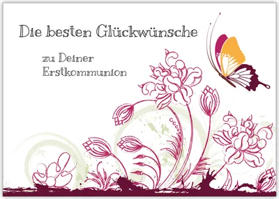 Produktbild von 4x Wunderschöne Kommunions Karte mit Blumen und Schmetterling, rot "Die besten Glückwünsche zu Deiner Erstkommunion"