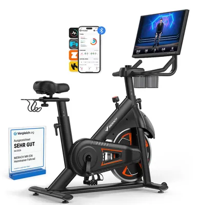 Productafbeelding van MERACH Hometrainer met 21,5-inch HD-scherm, 16 automatische magnetische weerstandsniveaus, een kantelbaar en draaibaar display, app-compatibiliteit en geschikt voor gebruikers tot 150 kg