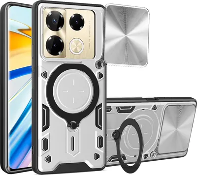 Produktbild von Handyhülle für Infinix Note 40 Pro 5G/Note 40 Pro+ 5G Dual-Layer Stoßfest Rüstung Hülle mit Dia Kameraschutz und Kreisförmig Ring Ständer Silber
