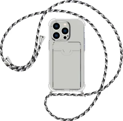 Produktbild von Handykette Backcover-Schutzhülle mit Band (Metall silberfarben) für Apple iPhone 15 Pro - schwarz/grau/weiß