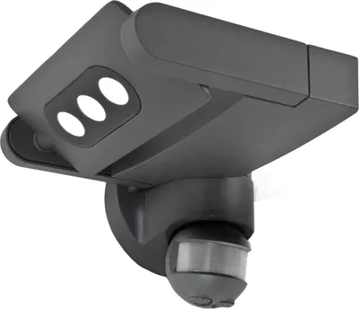 A dark gray outdoor LED spotlight with a motion sensor, shown against a white background.