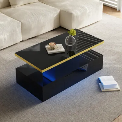 Produktbild von Couchtisch mit Schubladen, Hochglanzlackierung, zwei Ablageebenen, LED-Beleuchtung, Schwarz