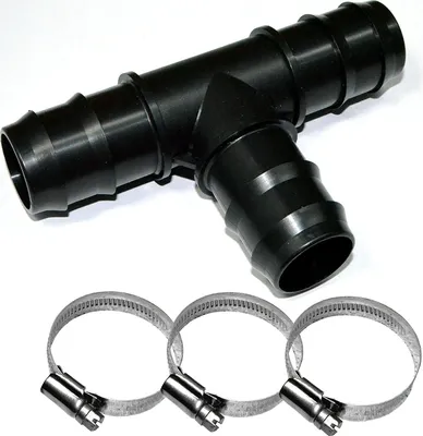 Produktbild von T Stück für Ø 38 mm Schlauch + 3 Edelstahl Schlauchschellen / Fitting Schlauchtülle für Pool Garten Schwimmbad etc.
