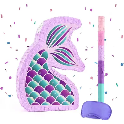 Immagine prodotto di Decorazioni per feste a tema sirena, ideali per compleanni di bambine, colore lilla, con bastoncino e benda per gli occhi