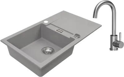 Obrázok produktu pre VBChome Granitový drez 76 x 44 cm Sivý s batériou Jednomiestny vstavaný drez Obojstranný škvrnitý Drez s ľahkou údržbou a sifónom