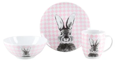 Produktbild von CreaTable, 25217, Happy Bunny Rosa, Ostergeschirr 3-tlg, Porzellan