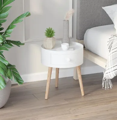 Produktbild von Nachttisch, Beistelltisch mit Schublade, Rund,Schutzrand, Holz, Ø38 x H45 cm, Weiß