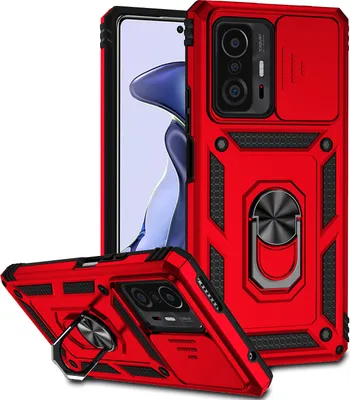 Produktbild von Xiaomi 11T Hülle mit Schiebe Kamera Schutz und Ringhalter Ständer Robust Rüstung Schutzhülle für Xiaomi 11T / 11T Pro Rot