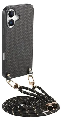 Produktbild von Carbon Textur Design Leder Hülle mit Umhängeband Schwarz für Apple iPhone 17