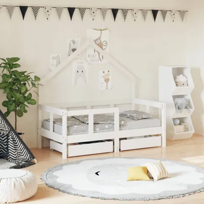 Produktbild von "im Angebot" Kinderbett mit Schubladen Weiß 70x140 cm Massivholz Kiefer - Kinderbetten A853