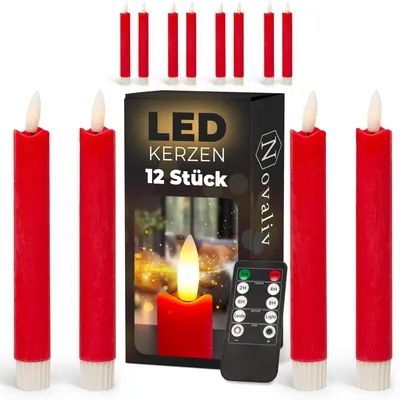 Produktbild von Stabkerzen LED mit Timer ROT 12 Stück indoor - 6 Stunden - ECHTWACHS 18cm Höhe für Kerzen 2,2cm Durchmesser 2 AAA Batterien notwendig LED Stabkerzen 4er Set ROT (drei Mal) bewegliche Flamme Licht