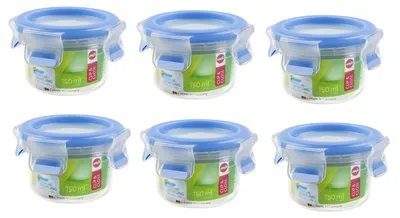 Zdjęcie produktu dla Emsa zestaw 6 okrągłych pojemników do przechowywania żywności z pokrywką, 0,15 l, przezroczysty/niebieski, Clip & Close 508550 x 6