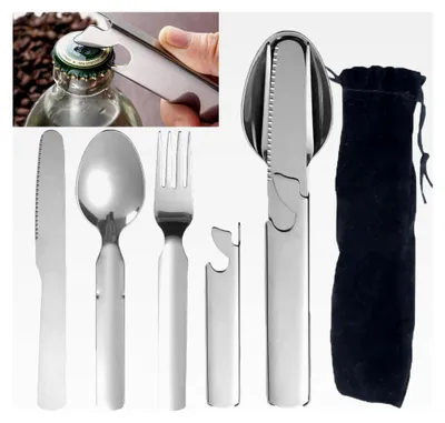 Produktbild von Besteckset, Campingbesteck Edelstahl 4-teilig, mit Gabel, Messer, Löffel, Flaschenöffner und Bestecktasche, Reisebesteck für Camping und Picknick