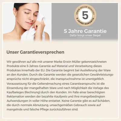A woman is shown gently touching her face with a white towel, next to a graphic promoting a 5-year warranty.