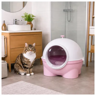 Produktbild von Katzentoilette geschlossen rosa weiß mit Schaufel aus Kunststoff