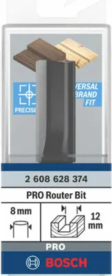 The image shows the packaging of a Bosch router bit, with a diagram illustrating its use on wood.