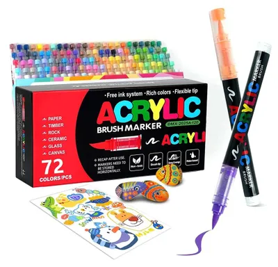 Image de Marqueurs acryliques - Stylos de peinture avec pointe pinceau souple - 72 couleurs - Séchage rapide - Résistant à l'eau - Pour pierre, toile, céramique, verre et bois