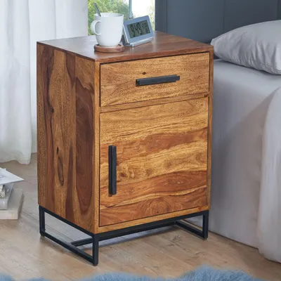 Produktbild von WOHNLING Nachttisch Sheesham Massivholz / Metall 45x35x65 cm Nachtschrank Boxspringbett Nachtkonsole mit Schublade und Tür Nachtkommode Industrial