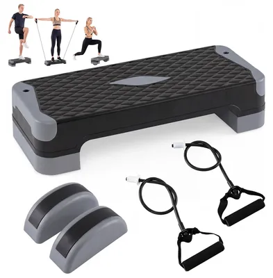 Produktbild von KOMFOTTEU Steppbrett, 4 Stufen Höhenverstellbar 10/14/15/19,5 cm, 3-in-1 Aerobic Stepbrett mit Balance Trainern, Widerstandsbändern & rutschfesten Pads, Fitness Stepper für Zuhause