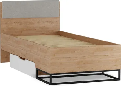 Produktbild von Bett LANDRO LR-05 Jugendbett 90 x 200 cm mit Bettschublade Rollen Lattenrost Holz Einzelbett Bettgestell Polsterkopfteil Loft (Hikora / Weiß Matt)