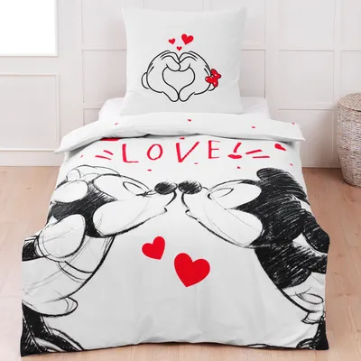 A bedding set featuring Mickey and Minnie Mouse with a love theme.