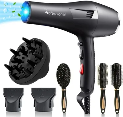 Produktbild von AC Motor 2400W Fön Ionen Haartrockner mit Diffusor, Schnelltrocknen Hair Dryer, Salon Haarfön mit Heiß-/Kalttaste,2 Düsen 3 Haarbürsten