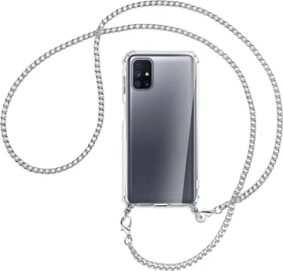 Produktbild von Handykette Backcover-Schutzhülle mit Band (Metall silberfarben) für Samsung Galaxy M51 - silberfarbene Kette