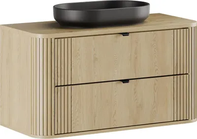 Produktbild von Badezimmer-Waschtisch 100 cm breit in Eiche, Rillen, mit Aufsatzwaschbecken - OLIVA-56