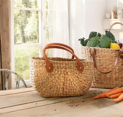 Image de grand sac en jacinthe d'eau avec poignées en cuir, shopper