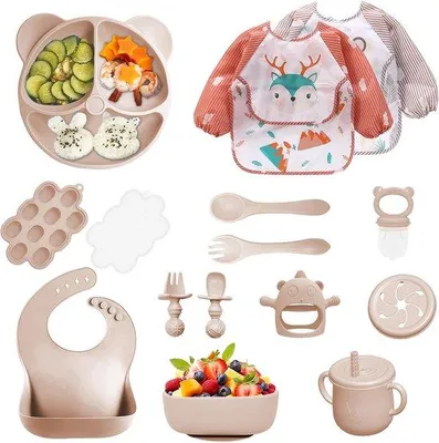 Produktbild von QuickShopping - 14-teiliges Set für Babynahrung, Silikonstiftset mit Teller mit Saugnapf, Schüssel, Tassen, Lätzchen, Löffel und Besteckset für Kinder in b