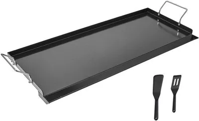 Image de Plaque de cuisson en acier au carbone, rectangulaire (812 x 310 mm), avec surface lisse, adaptée aux barbecues à gaz et aux accessoires de grill. Idéale pour la cuisine teppanyaki et comme ustensile de cuisson portable avec poignée, pour toute la famille.