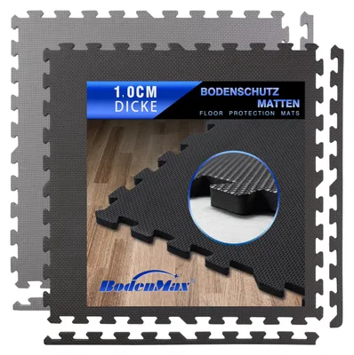 Obrázek produktu pro Ochranné podložky BodenMax s rámečkem, 58x58 cm, pro podlahu, fitness podložky, podložky na ochranu podlahy – pro sport, fitness centrum, sklep, 10 mm, černé, 12 kusů